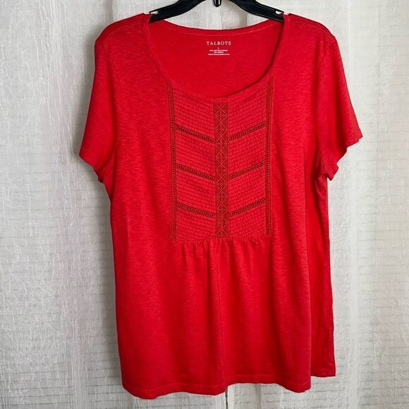 Talbots L Red Crochet Lace Pleated Front Short Sleeve Cotton Modal Tee - Picture 1 of 11